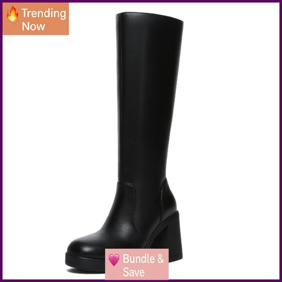 Knee High Platform Boots Square Toe Chunky Heel Side Zipper PU Leather